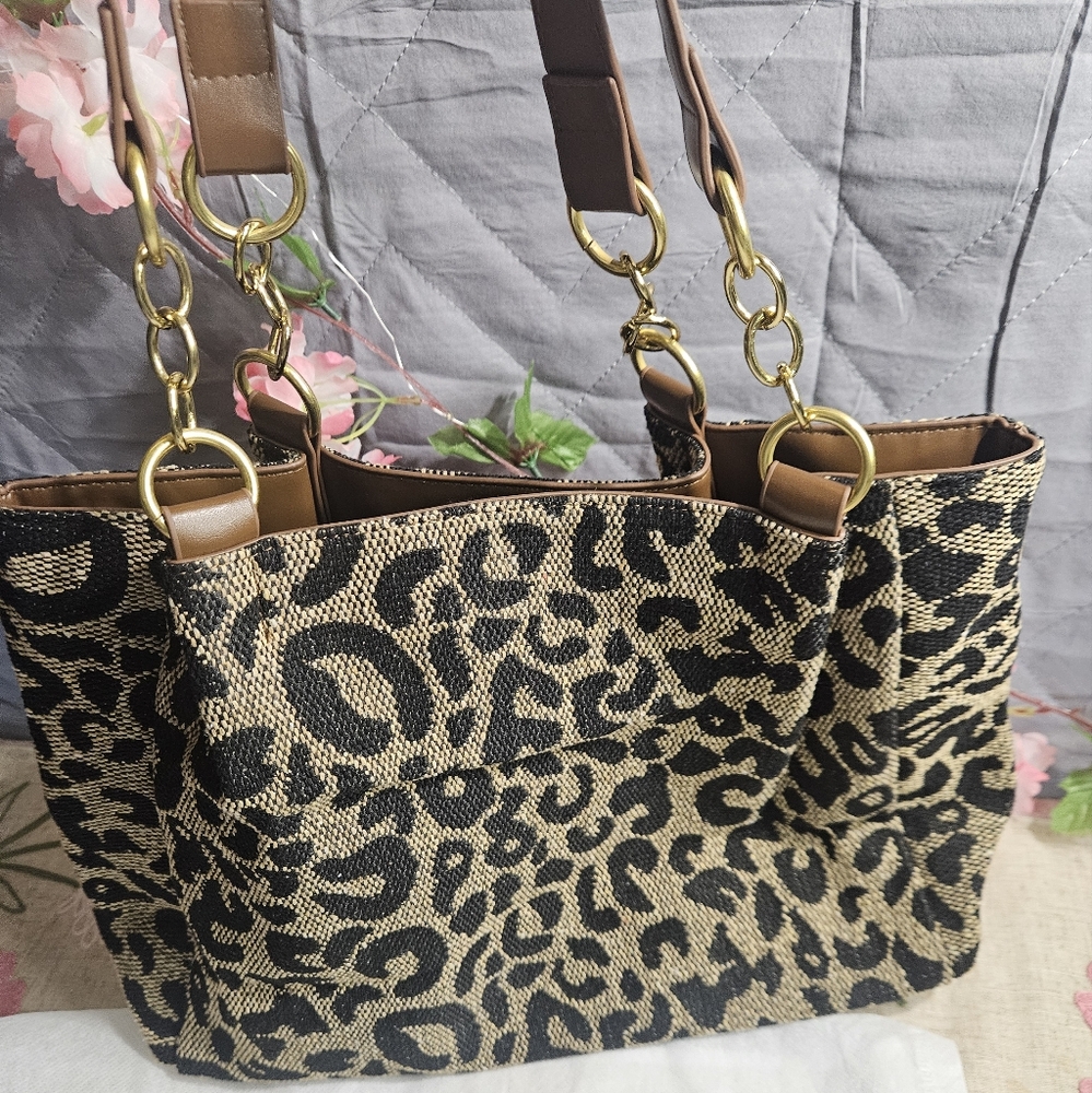Leopard Print Tote Bag with Brown Accents - Picture 3 of 4